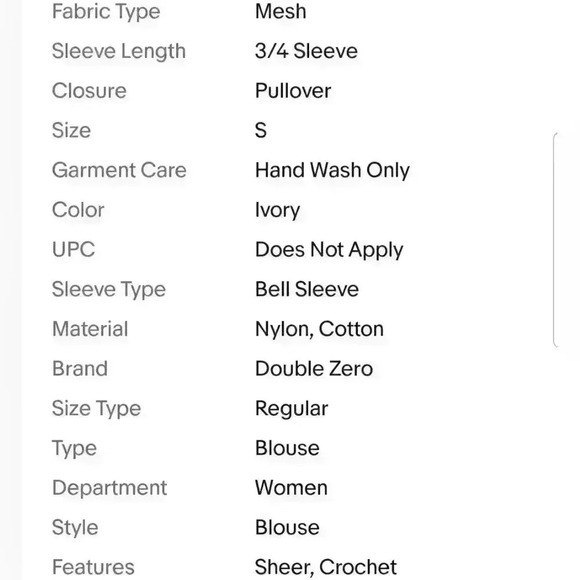 NEW NWT Double Zero Mesh Boho Top Romance Blouse, Size Small, Ivory - Picture 9 of 9